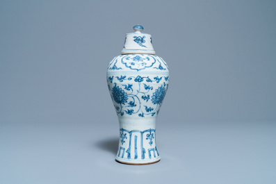 A Chinese blue and white 'meiping' vase and cover, Ming